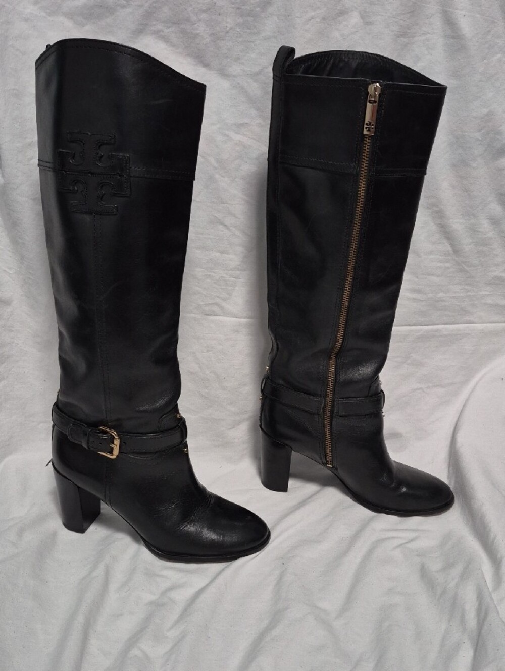 Tory Burch Black Leather Knee-High Heeled Boots with Logo 8M - Picture 2 of 11